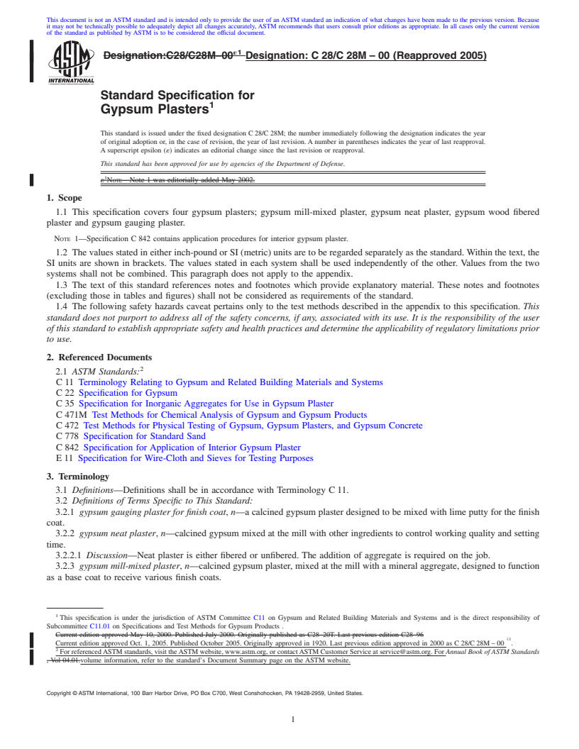 REDLINE ASTM C28/C28M-00(2005) - Standard Specification for Gypsum Plasters