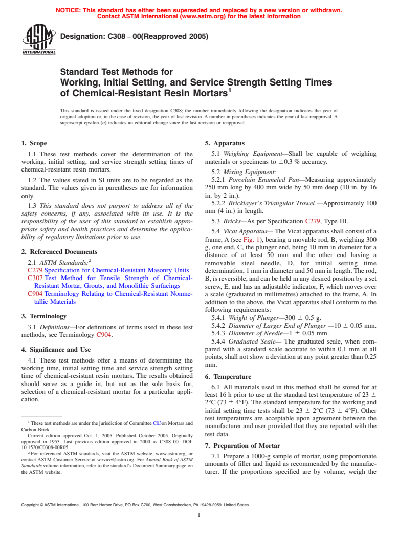 ASTM C308-00(2005) - Standard Test Methods for Working, Initial Setting, and Service Strength Setting Times of Chemical-Resistant Resin Mortars