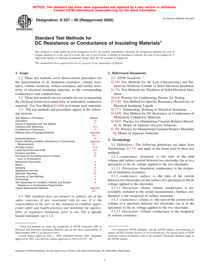 ASTM D257-99(2005) - Standard Test Methods for DC Resistance or Conductance of Insulating Materials