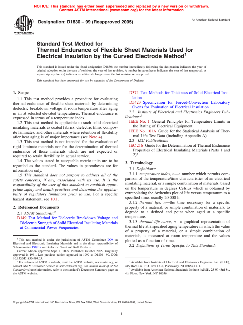 ASTM D1830-99(2005) - Standard Test Method for Thermal Endurance of Flexible Sheet Materials Used for Electrical Insulation by the Curved Electrode Method