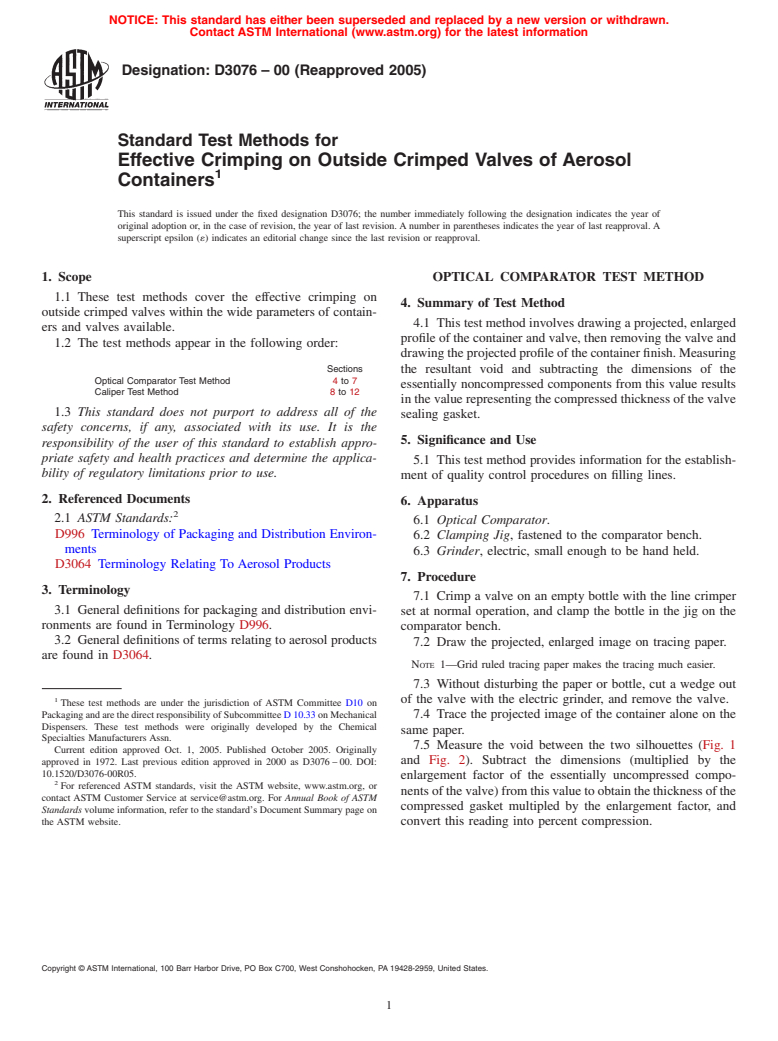 ASTM D3076-00(2005) - Standard Test Methods for Effective Crimping on Outside Crimped Valves of Aerosol Containers