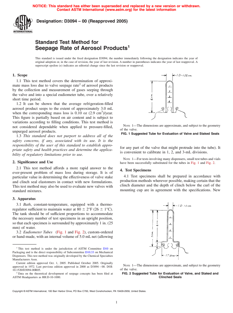 ASTM D3094-00(2005) - Standard Test Method for Seepage Rate of Aerosol Products