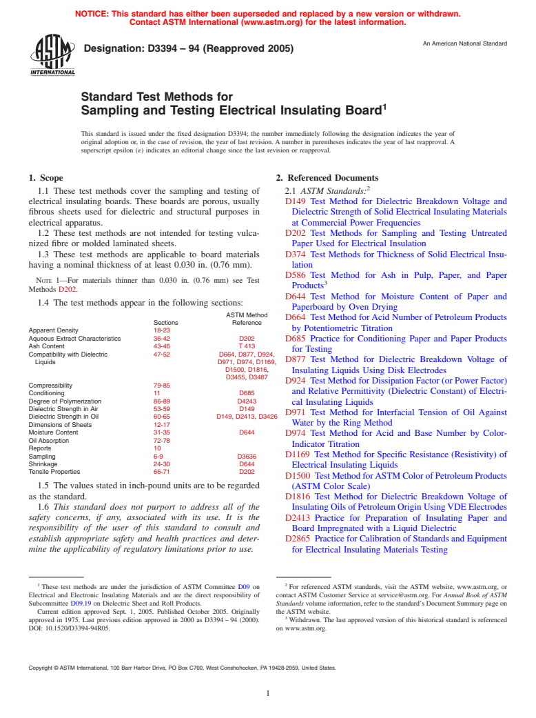 ASTM D3394-94(2005) - Standard Test Methods for Sampling and Testing Electrical Insulating Board