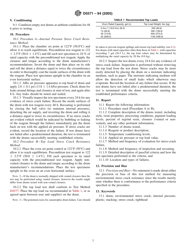 ASTM D5571-94(2005) - Standard Test Method for Environmental Stress Crack Resistance (ESCR) of Plastic Tighthead Drums Not Exceeding 60 Gal (227 L) in Rated Capacity