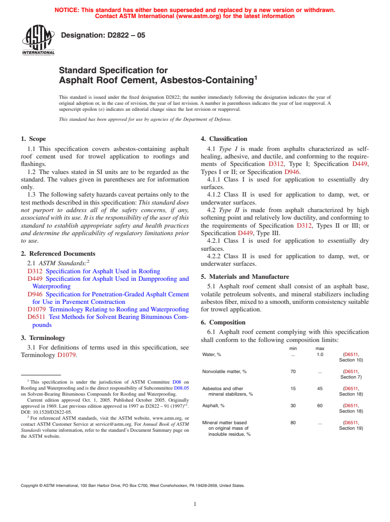 ASTM D2822-05 - Standard Specification for Asphalt Roof Cement, Asbestos Containing