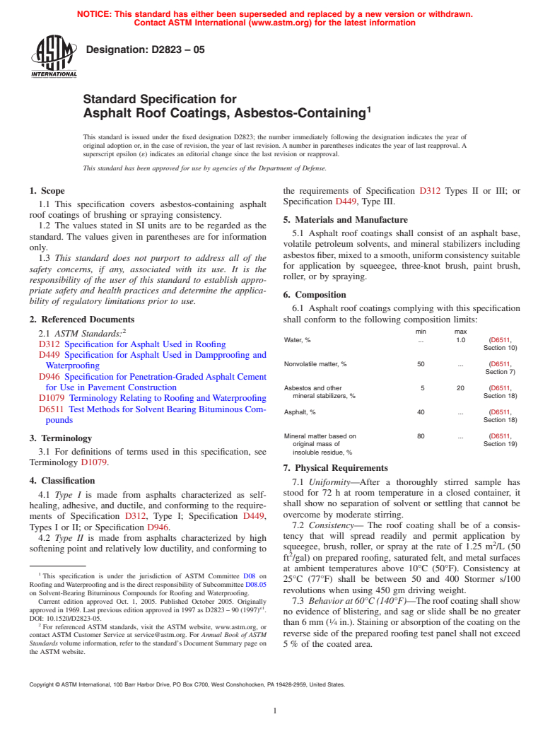 ASTM D2823-05 - Standard Specification for Asphalt Roof Coatings, Asbestos Containing