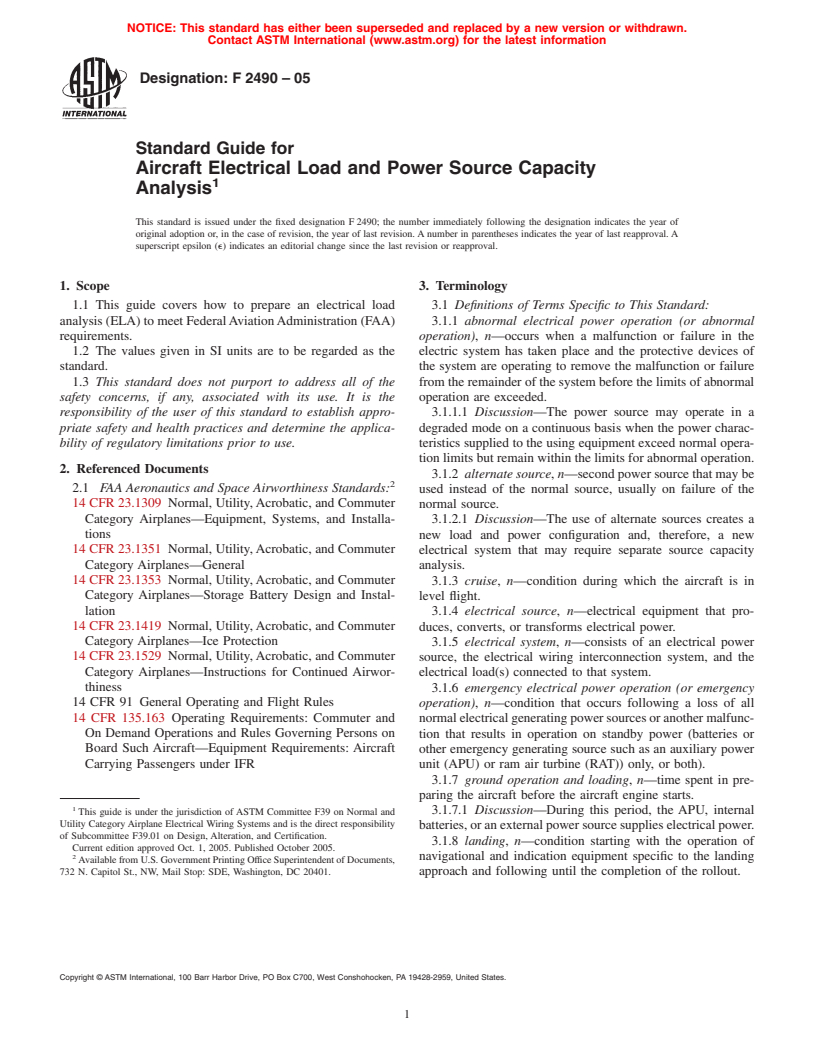 ASTM F2490-05 - Standard Guide for Aircraft Electrical Load and Power Source Capacity Analysis