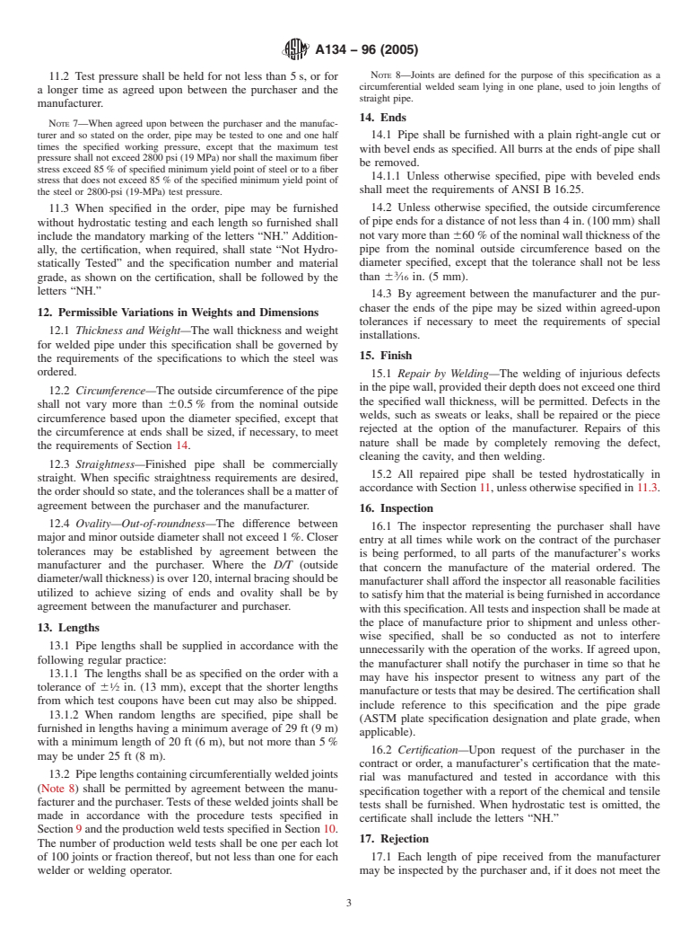 ASTM A134-96(2005) - Standard Specification for Pipe, Steel, Electric-Fusion (Arc)-Welded (Sizes NPS 16 and Over)