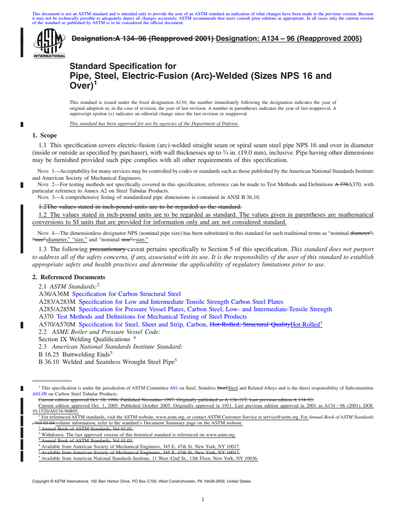 REDLINE ASTM A134-96(2005) - Standard Specification for Pipe, Steel, Electric-Fusion (Arc)-Welded (Sizes NPS 16 and Over)