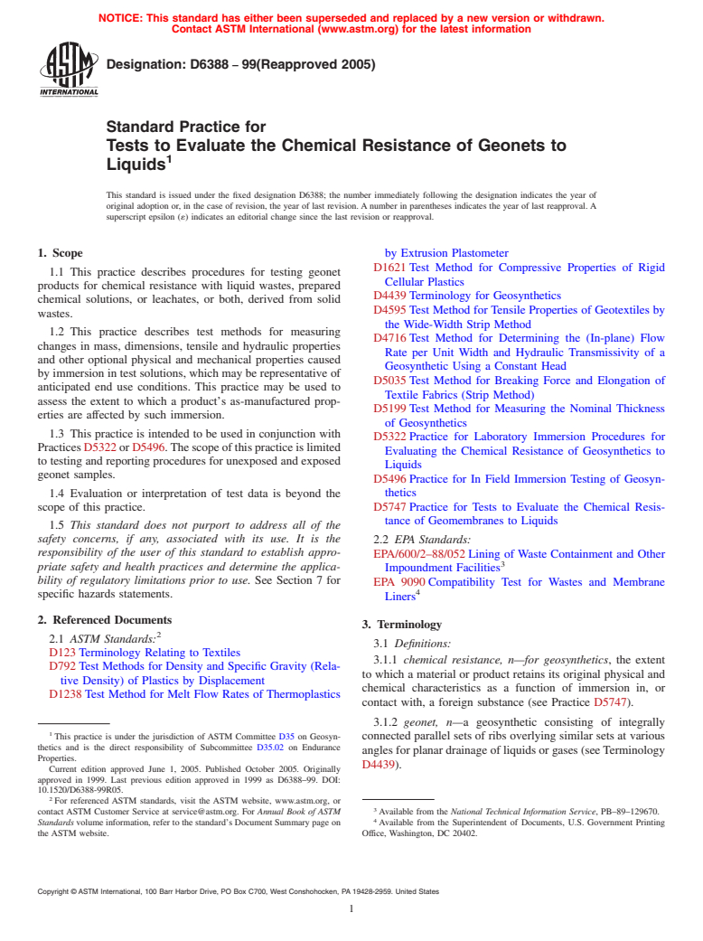 ASTM D6388-99(2005) - Standard Practice for Tests to Evaluate the Chemical Resistance of Geonets to Liquids