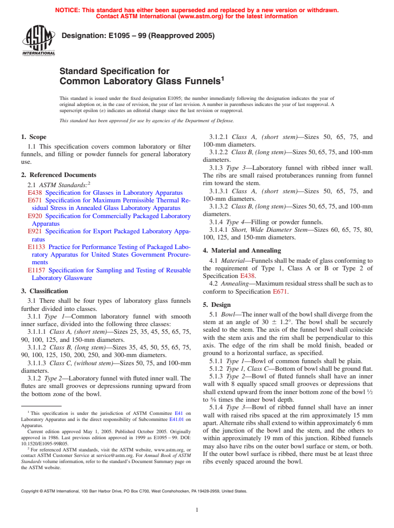 ASTM E1095-99(2005) - Standard Specification for Common Laboratory Glass Funnels