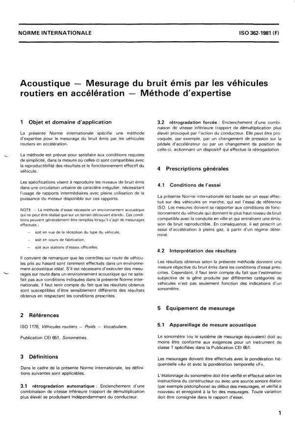 ISO 362:1981 - Acoustique -- Mesurage du bruit émis par les véhicules routiers en accélération -- Méthode d'expertise