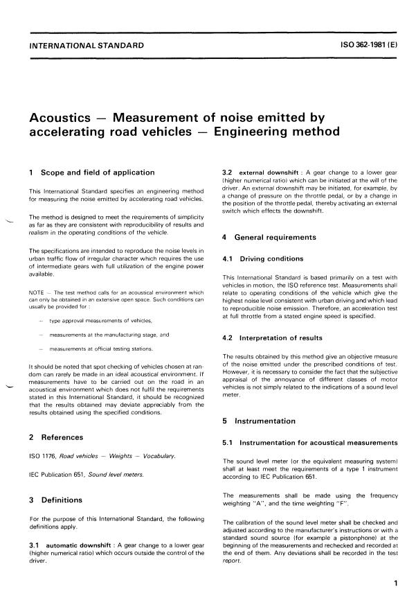 ISO 362:1981 - Acoustics -- Measurement of noise emitted by accelerating road vehicles -- Engineering method