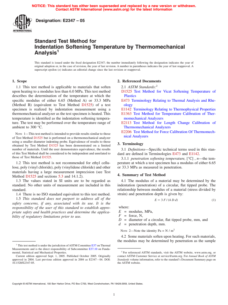 ASTM E2347-05 - Standard Test Method for Indentation Softening Temperature by Thermomechanical Analysis