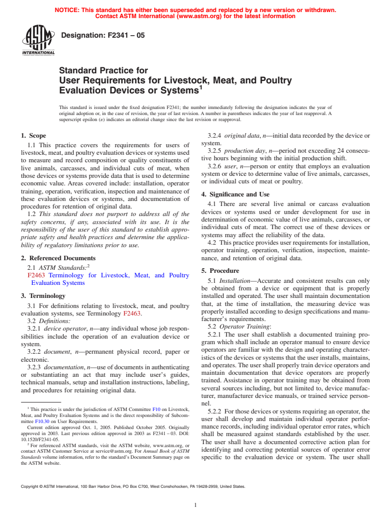 ASTM F2341-05 - Standard Practice for User Requirements for Livestock, Meat, and Poultry Evaluation Devices or Systems