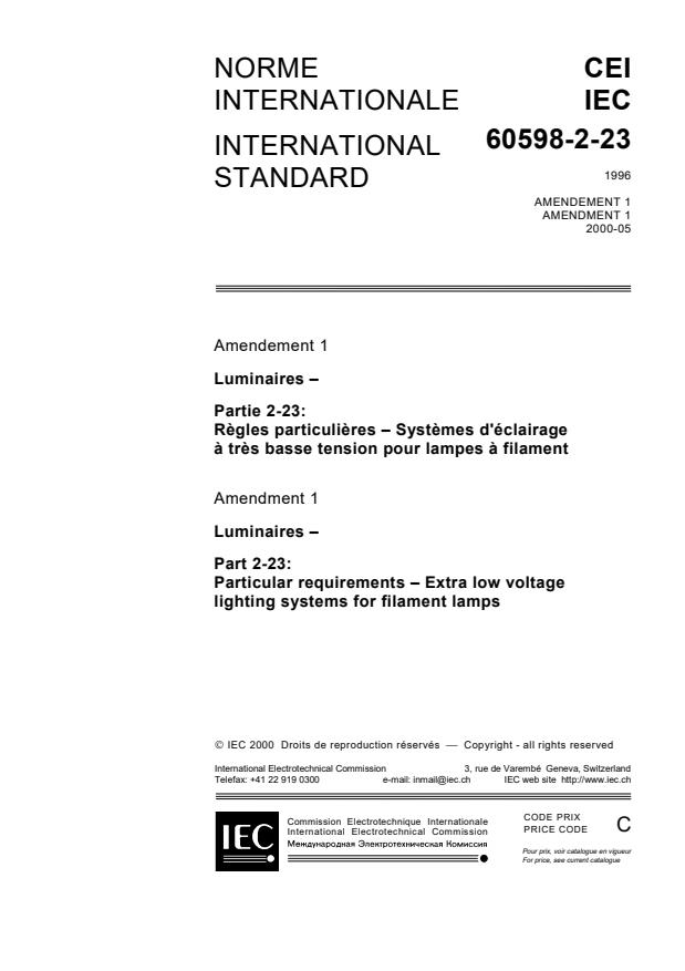 IEC 60598-2-23:1996/AMD1:2000 - Amendment 1 - Luminaires - Part 2: Particular requirements - Section 23: Extra low voltage lighting systems for filament lamps