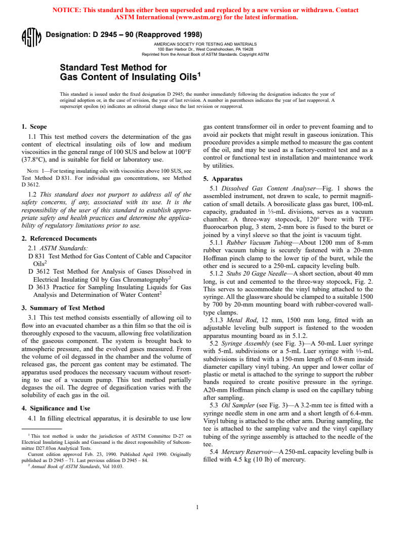 ASTM D2945-90(1998) - Standard Test Method for Gas Content of Insulating Oils