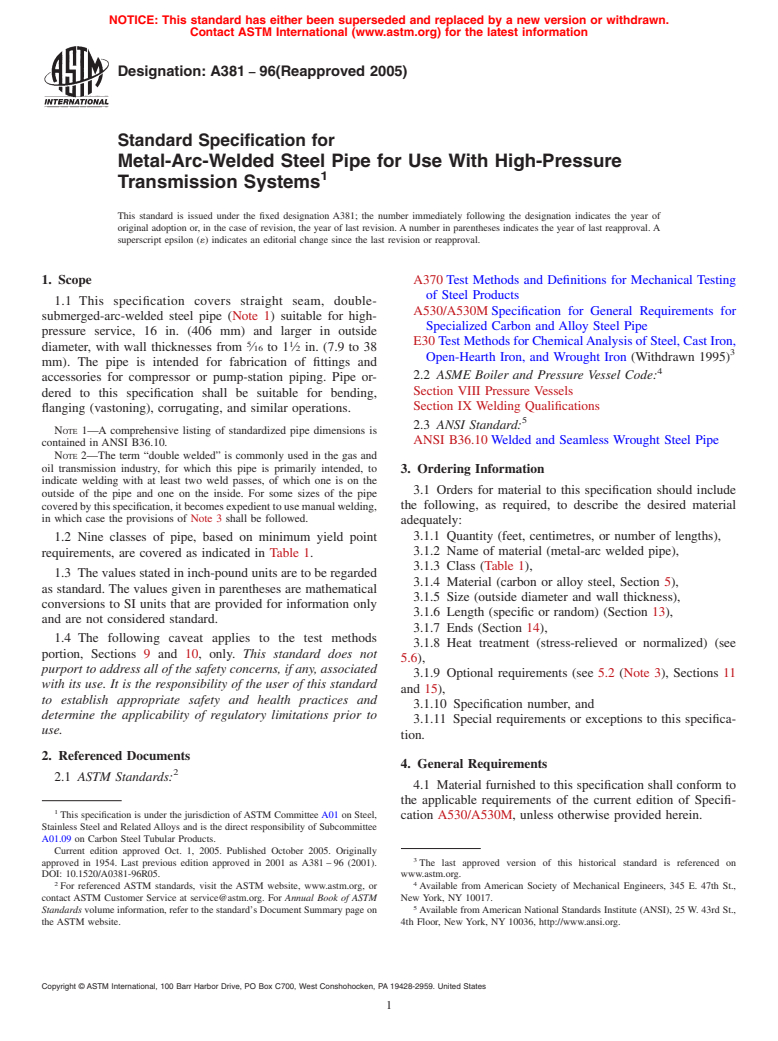 ASTM A381-96(2005) - Standard Specification for Metal-Arc-Welded Steel Pipe for Use With High-Pressure Transmission Systems