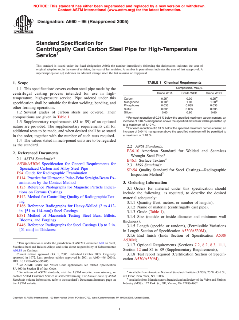 ASTM A660-96(2005) - Standard Specification for Centrifugally Cast Carbon Steel Pipe for High-Temperature Service