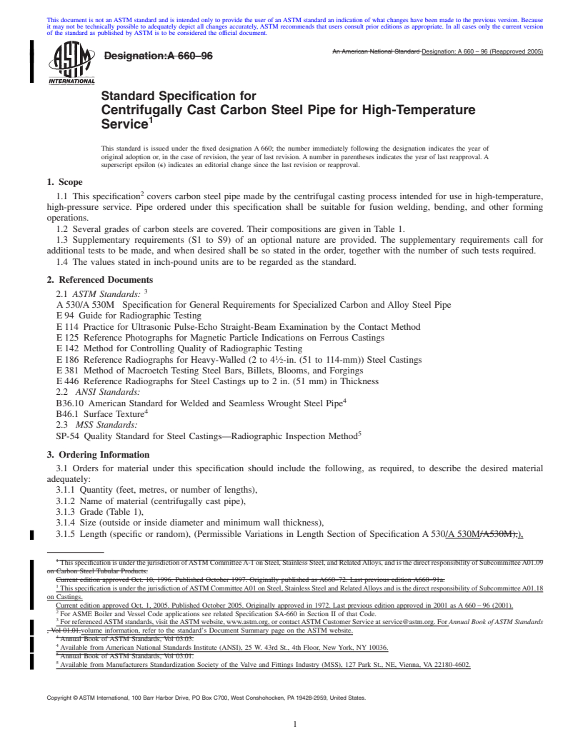 REDLINE ASTM A660-96(2005) - Standard Specification for Centrifugally Cast Carbon Steel Pipe for High-Temperature Service