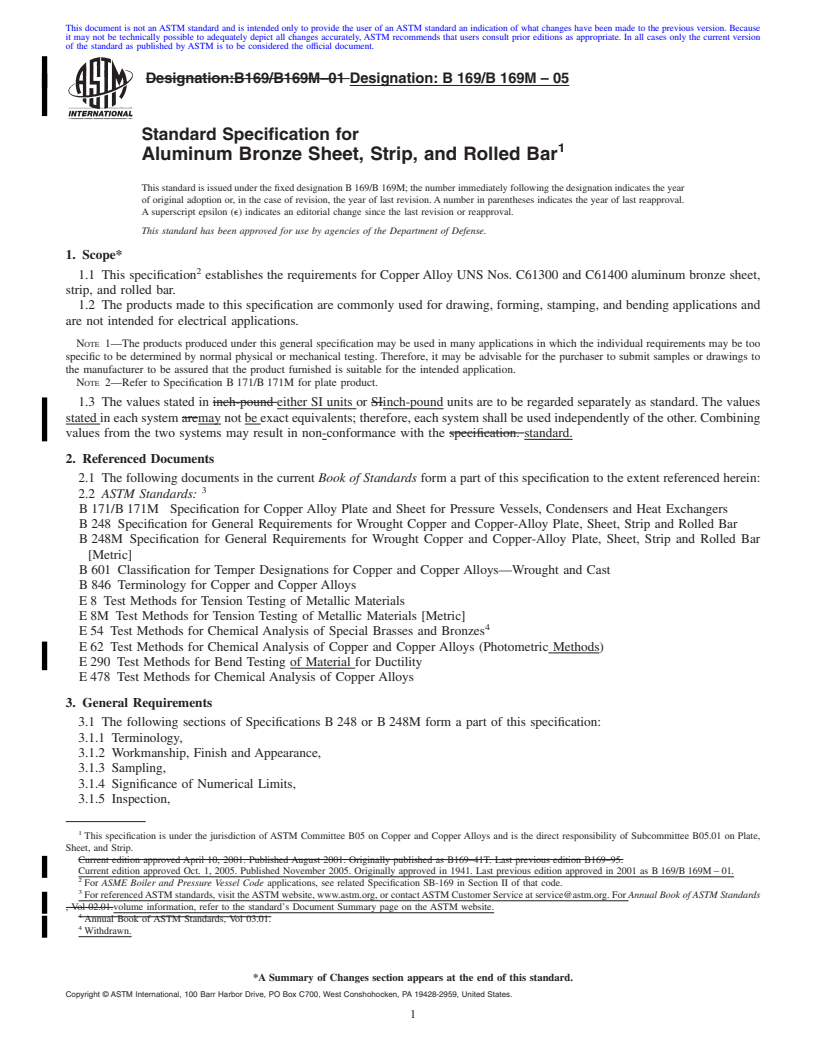 REDLINE ASTM B169/B169M-05 - Standard Specification for Aluminum Bronze Sheet, Strip, and Rolled Bar