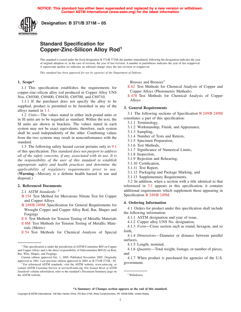 ASTM B371/B371M-05 - Standard Specification for Copper-Zinc-Silicon Alloy Rod
