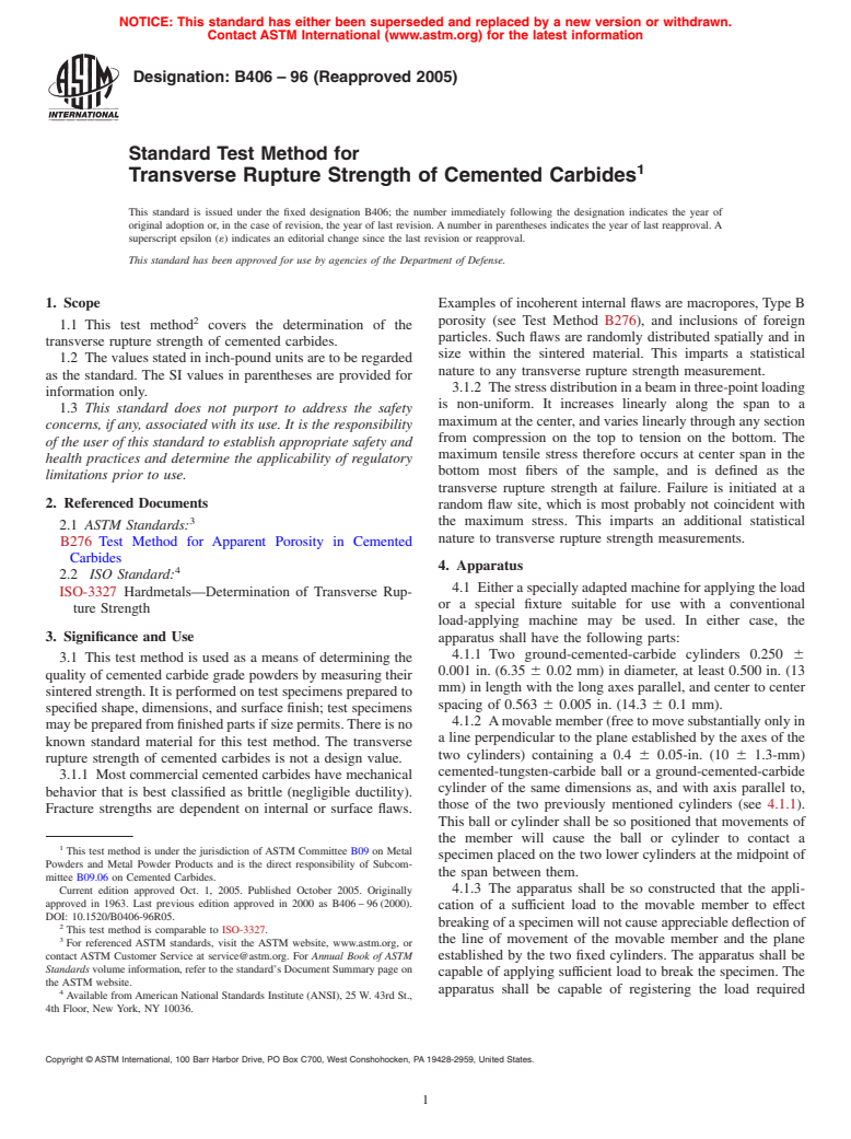 ASTM B406-96(2005) - Standard Test Method for Transverse Rupture Strength of Cemented Carbides