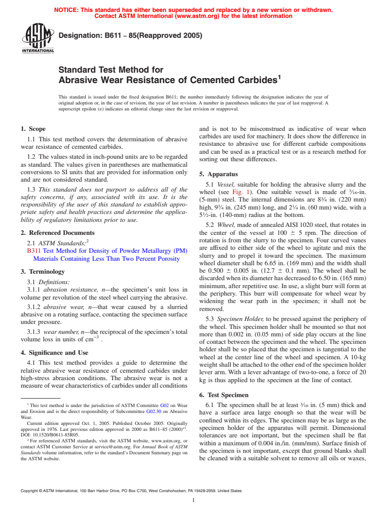 ASTM B611-85(2005) - Standard Test Method for Abrasive Wear Resistance of Cemented Carbides