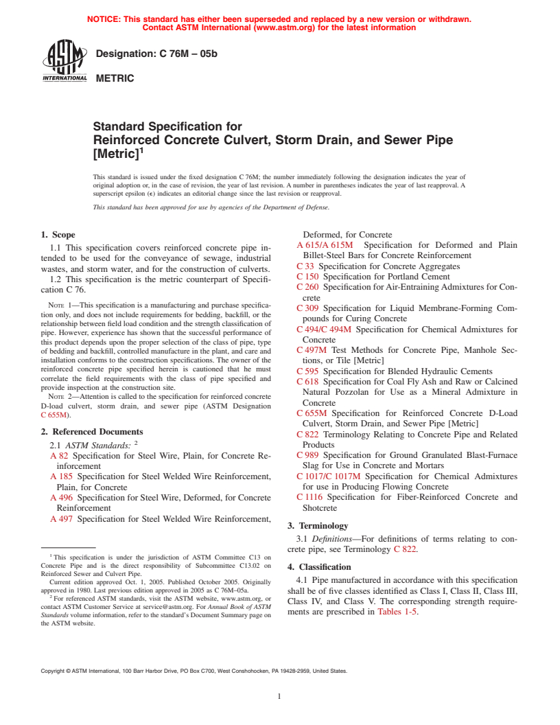 ASTM C76M-05b - Standard Specification for Reinforced Concrete Culvert, Storm Drain, and Sewer Pipe (Metric)