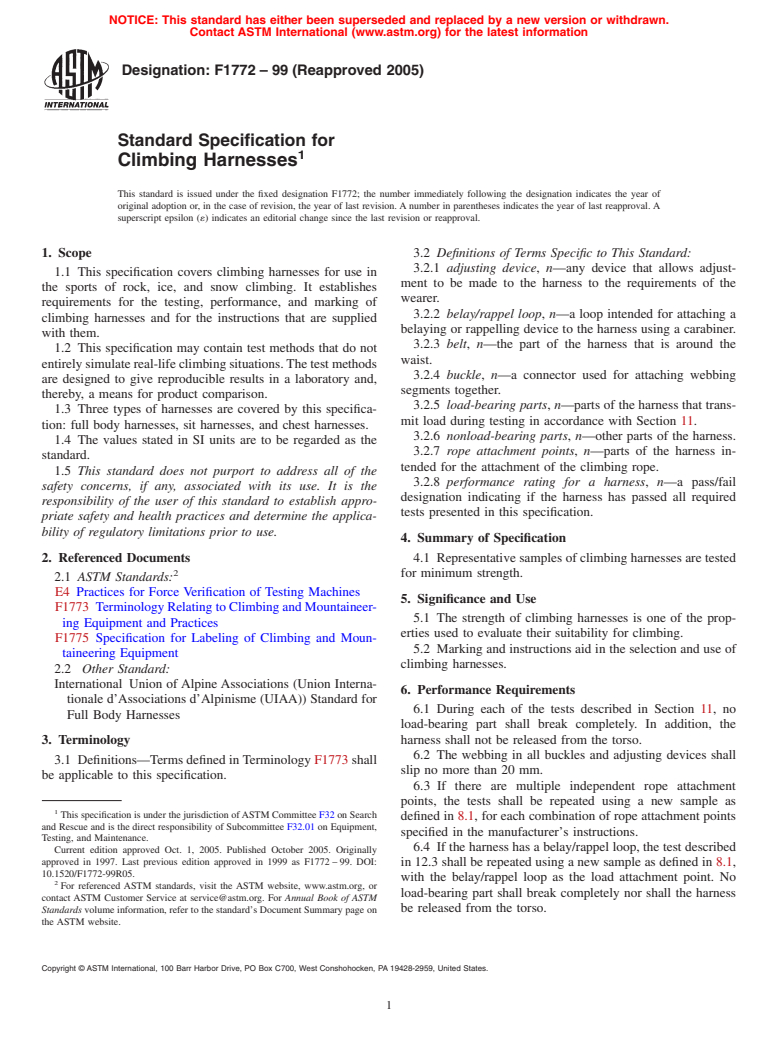 ASTM F1772-99(2005) - Standard Specification for Climbing Harnesses