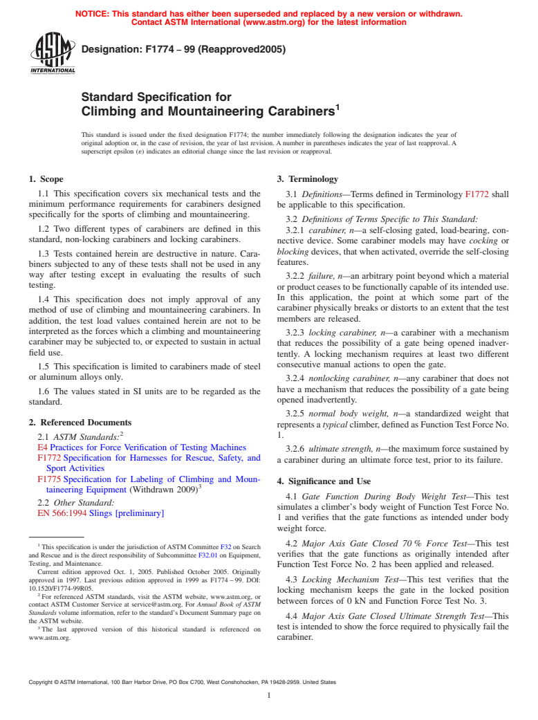 ASTM F1774-99(2005) - Standard Specification for Climbing and Mountaineering Carabiners