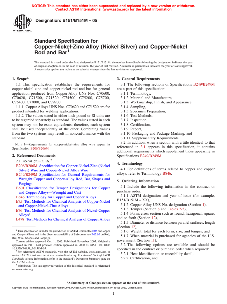 ASTM B151/B151M-05 - Standard Specification for Copper-Nickel-Zinc Alloy (Nickel Silver) and Copper-Nickel Rod and Bar