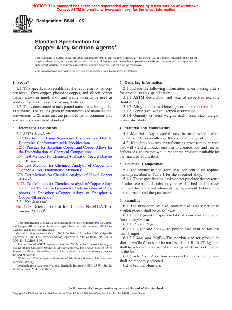 ASTM B644-05 - Standard Specification for Copper Alloy Addition Agents