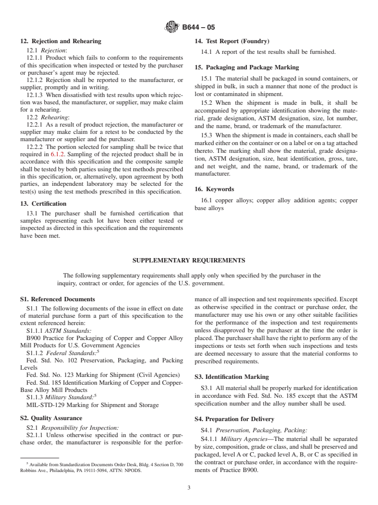 ASTM B644-05 - Standard Specification for Copper Alloy Addition Agents