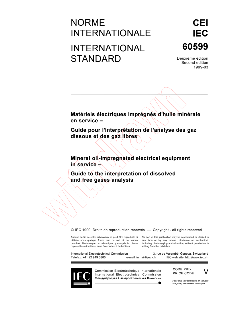 IEC 60599:1999 - Mineral oil-impregnated electrical equipment in service - Guide to the interpretation of dissolved and free gases analysis
Released:3/31/1999
Isbn:2831846145