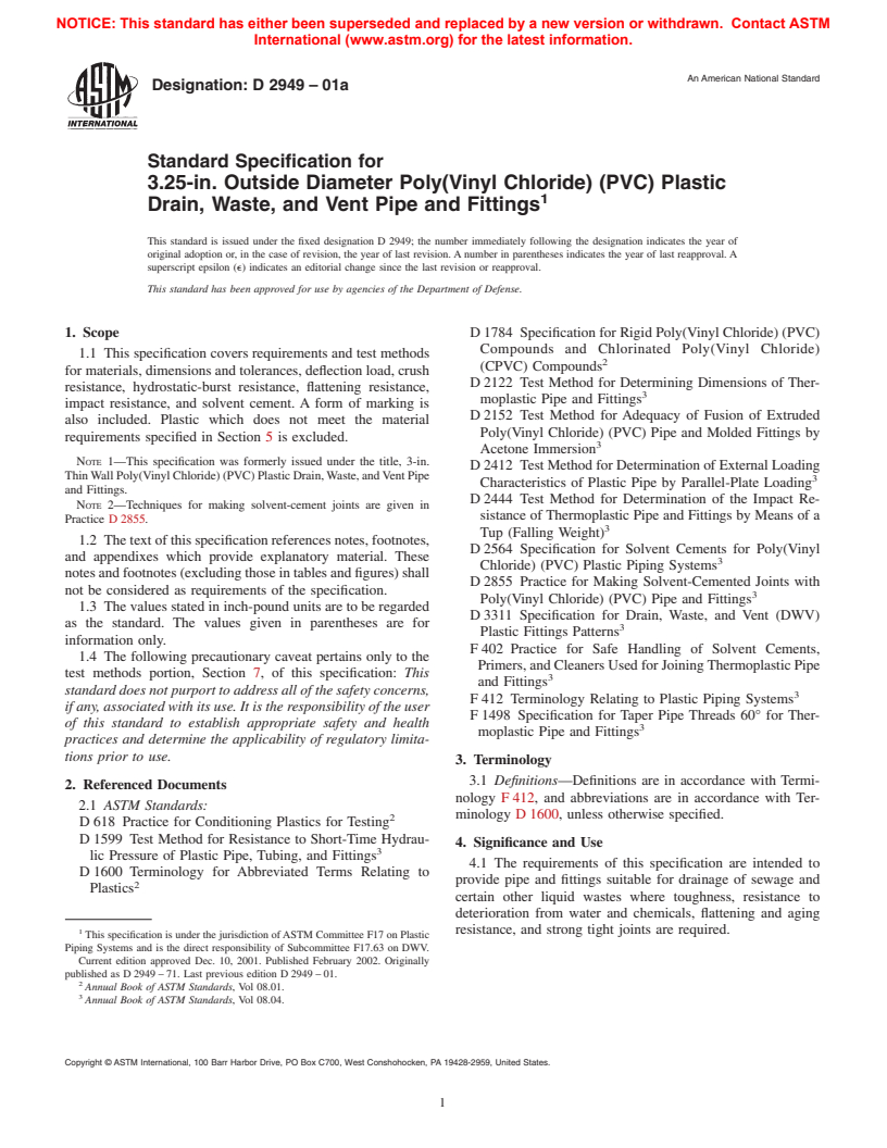 ASTM D2949-01a - Standard Specification for 3.25-in. Outside Diameter Poly(Vinyl Chloride) (PVC) Plastic Drain, Waste, and Vent Pipe and Fittings