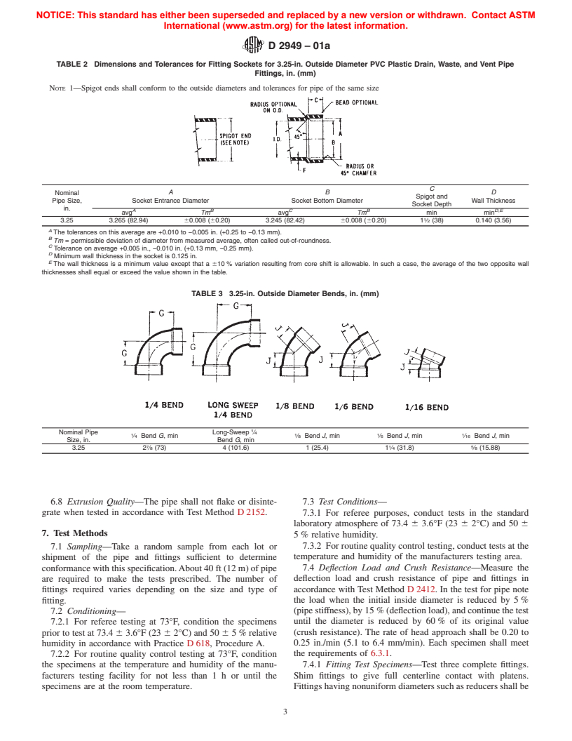 ASTM D2949-01a - Standard Specification for 3.25-in. Outside Diameter Poly(Vinyl Chloride) (PVC) Plastic Drain, Waste, and Vent Pipe and Fittings