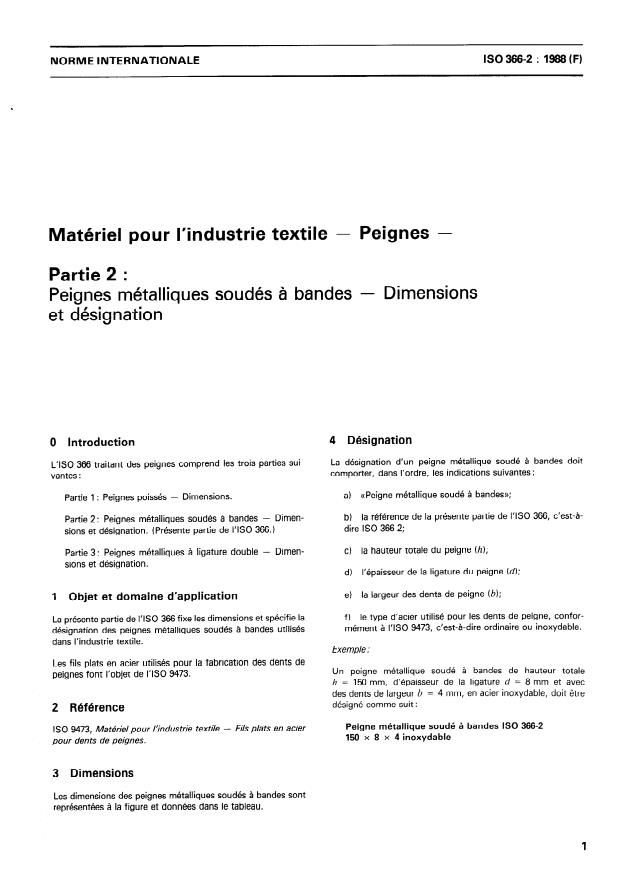 ISO 366-2:1988 - Matériel pour l'industrie textile -- Peignes