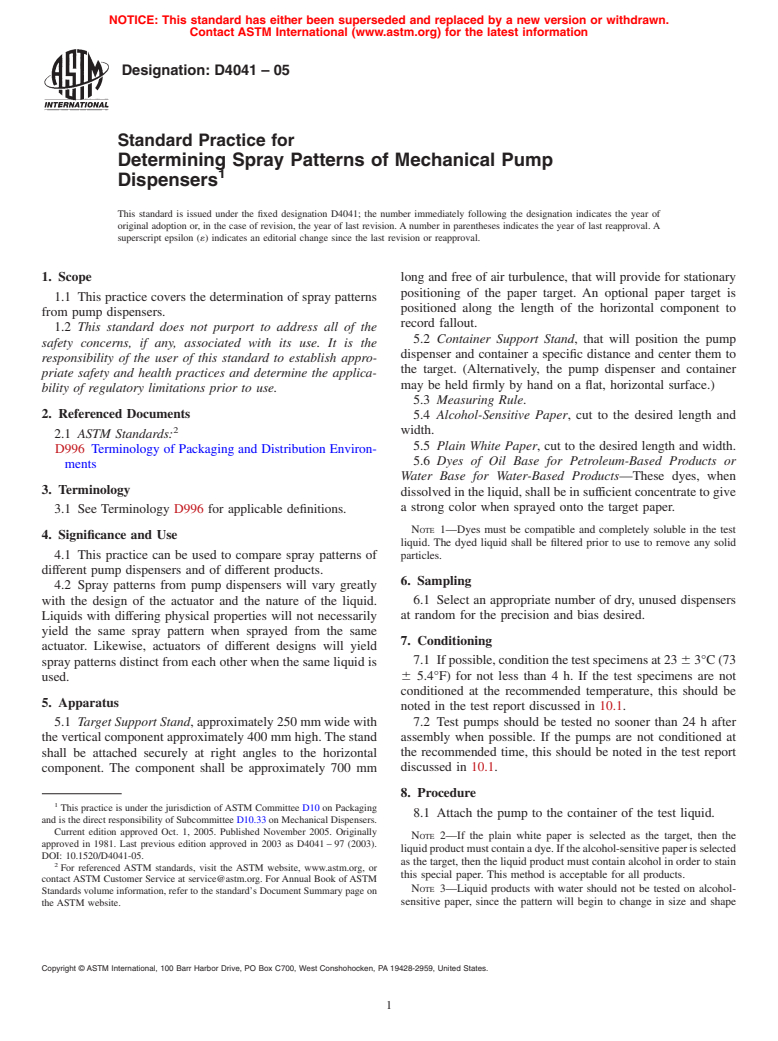 ASTM D4041-05 - Standard Test Method for Determining Spray Patterns of Manually Operated Pump Dispensers