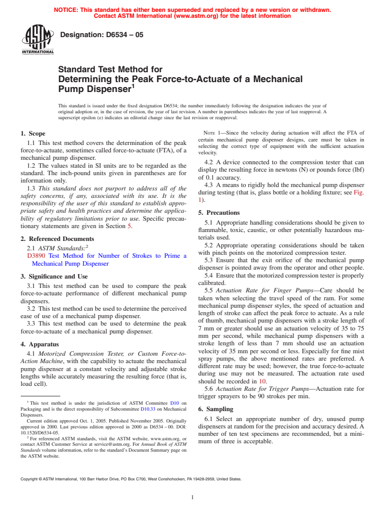 ASTM D6534-05 - Standard Test Method for Determining the Peak Force-to-Actuate a Mechanical Pump Dispenser