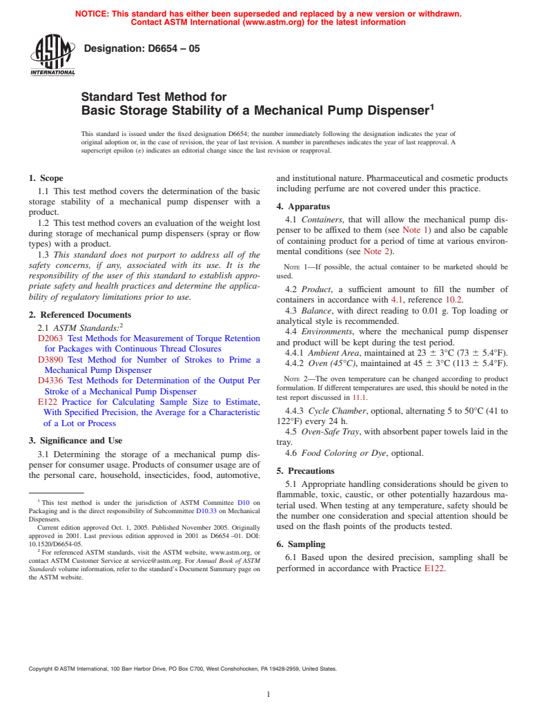 ASTM D6654-05 - Standard Test Method for Basic Storage Stability of a Mechanical Pump Dispenser