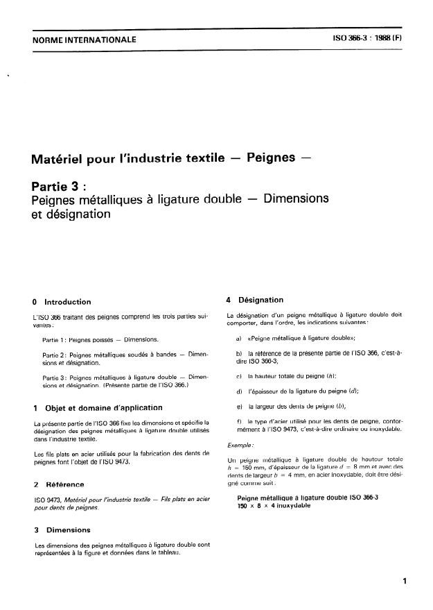 ISO 366-3:1988 - Matériel pour l'industrie textile -- Peignes