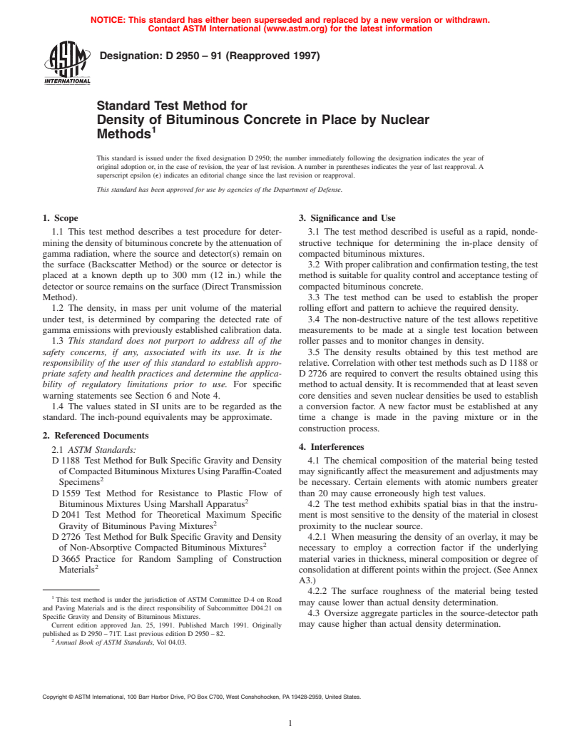 ASTM D2950-91(1997) - Standard Test Method for Density of Bituminous Concrete in Place by Nuclear Methods