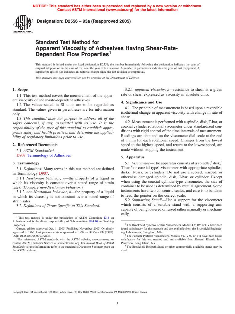 ASTM D2556-93a(2005) - Standard Test Method for Apparent Viscosity of Adhesives Having Shear-Rate-Dependent Flow Properties