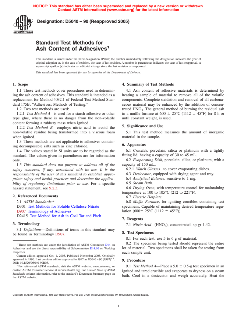 ASTM D5040-90(2005) - Standard Test Methods for Ash Content of Adhesives