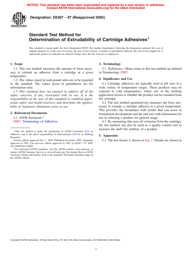 ASTM D5267-97(2005) - Standard Test Method for Determination of Extrudability of Cartridge Adhesives