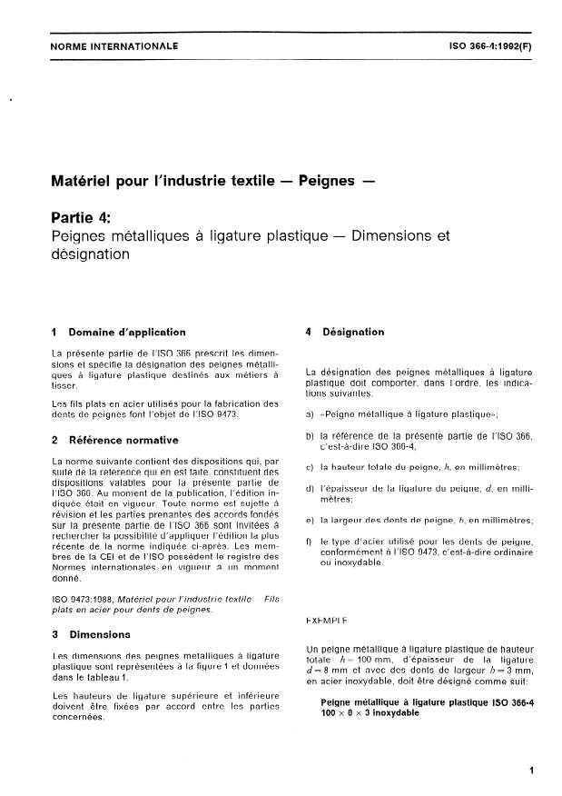 ISO 366-4:1992 - Matériel pour l'industrie textile -- Peignes