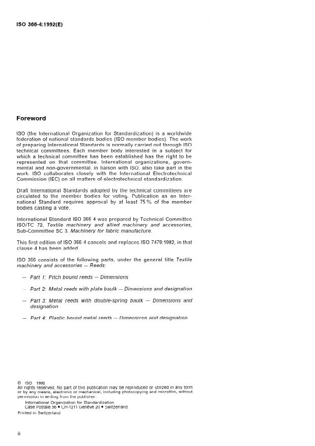 ISO 366-4:1992 ISO 366-4:1992 - Textile machinery and accessories -- Reeds - Page 2 preview