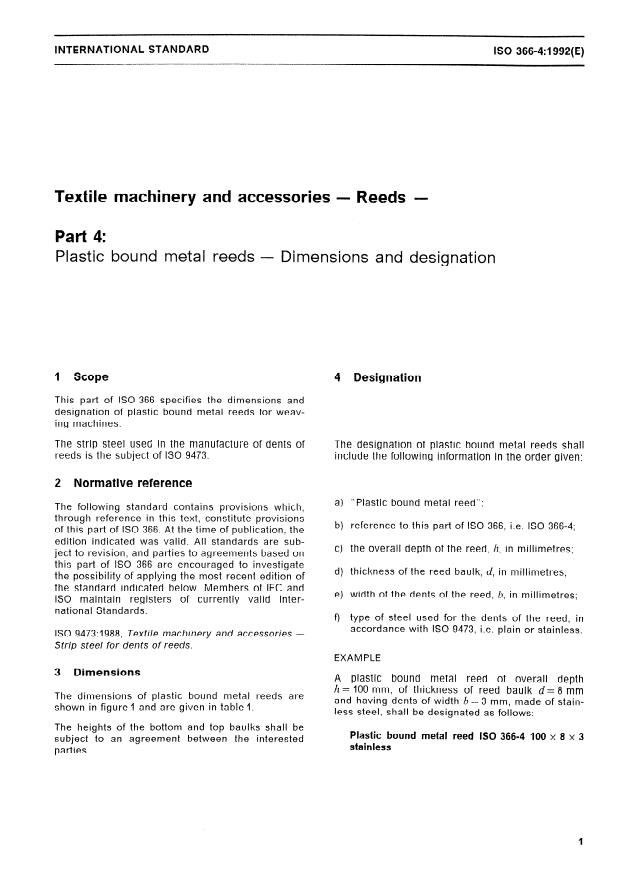 ISO 366-4:1992 - Textile machinery and accessories -- Reeds
