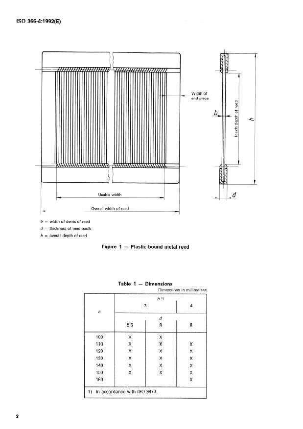 ISO 366-4:1992 ISO 366-4:1992 - Textile machinery and accessories -- Reeds - Page 4 preview